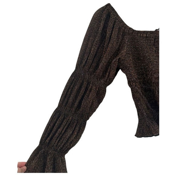 Anthropologie Brown Blouse with Puff Sleeves and Smocked Fit Size Small Sparkle - Picture 2 of 6